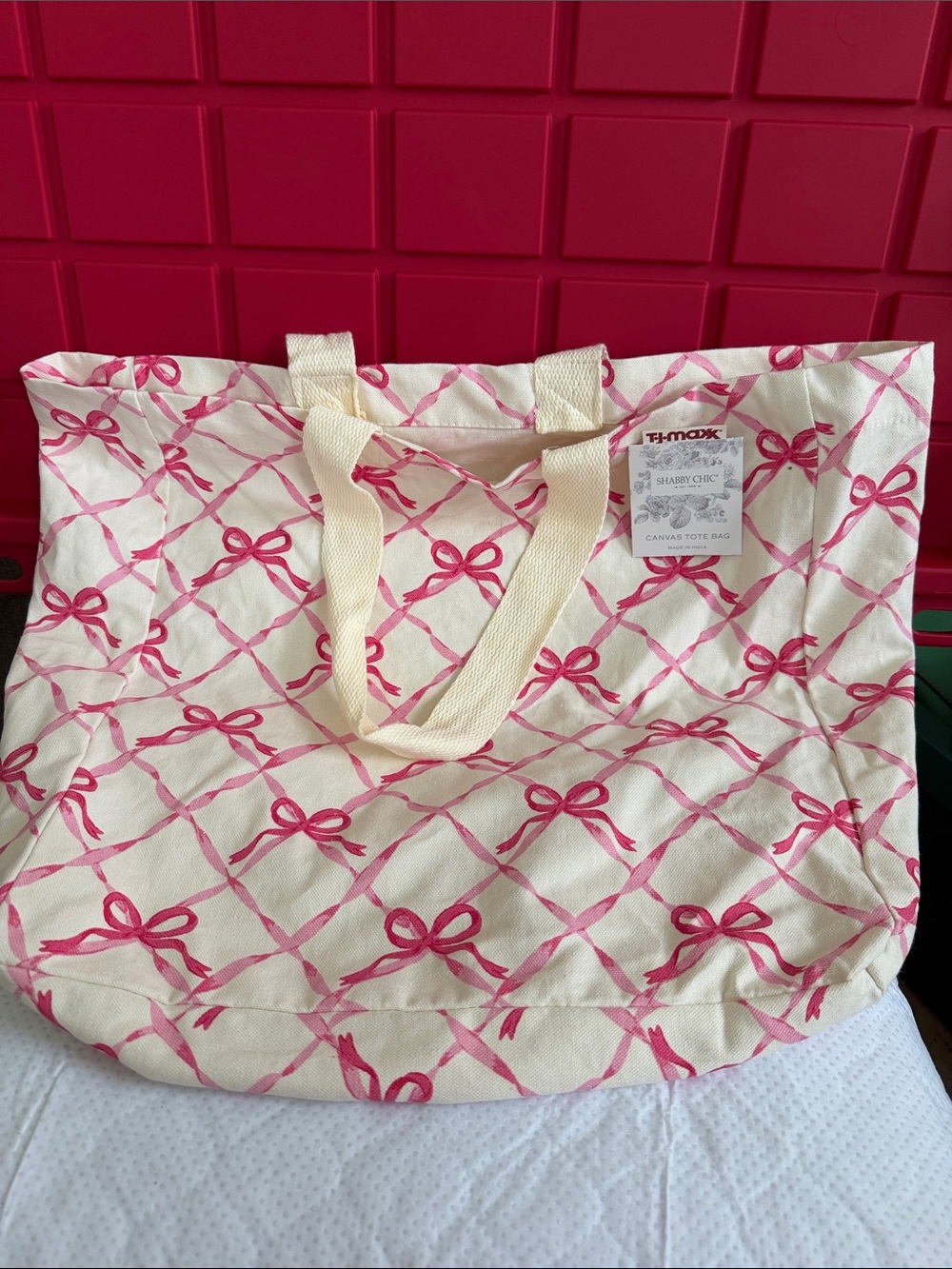 T.J.Maxx Cream Canvas Tote with Pink Bow Print